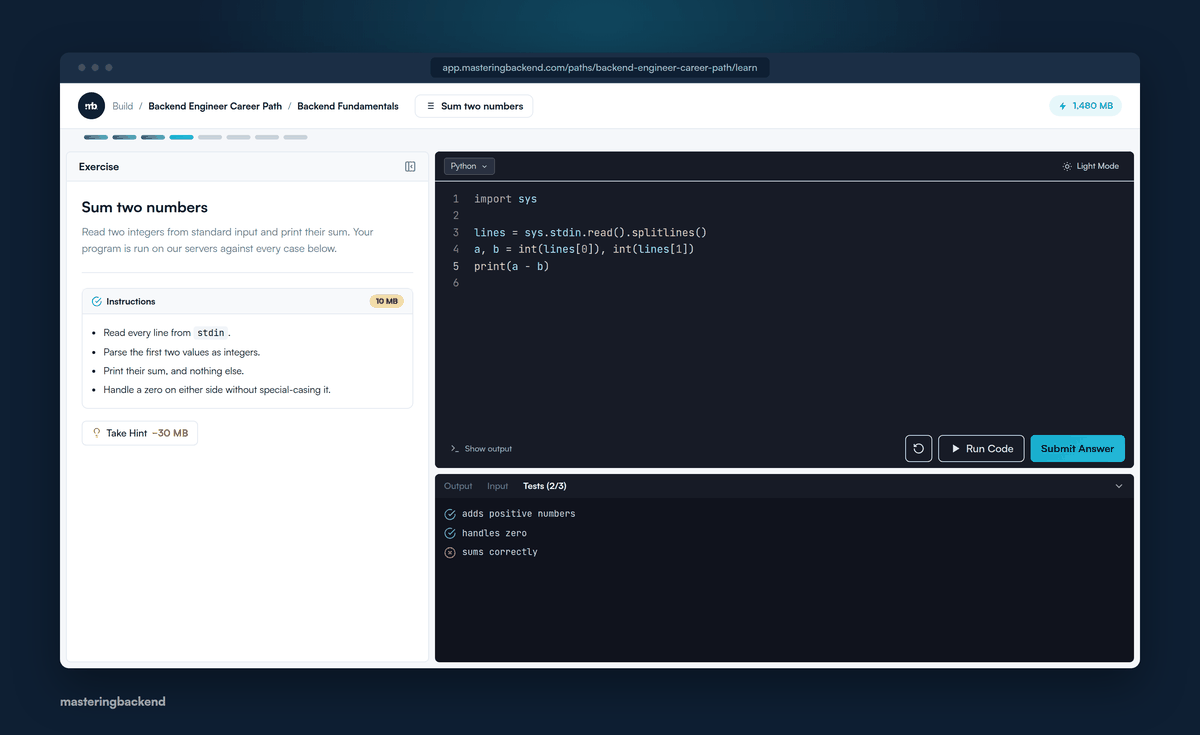 A split view showing a code editor on the left and a list of individual test checks reporting pass or fail on the right.
