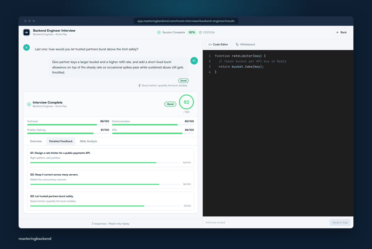 A completed mock interview replay, showing an overall score of 82, subscores for technical, communication and problem solving, and a per-question breakdown with feedback on each answer.